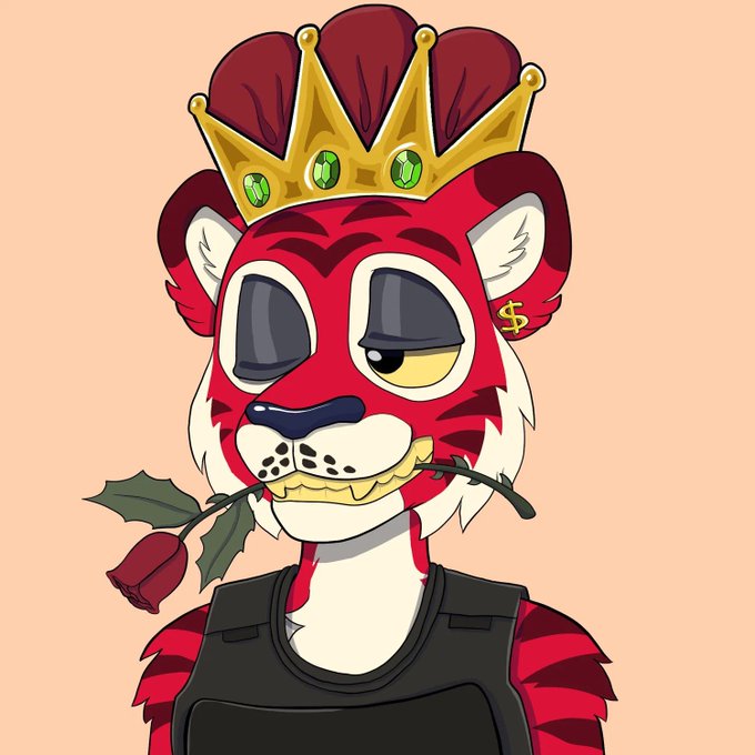 A cartoon illustration of a red tiger character wearing a gold crown adorned with green gems, holding a rose in its mouth and wearing a black tactical vest.