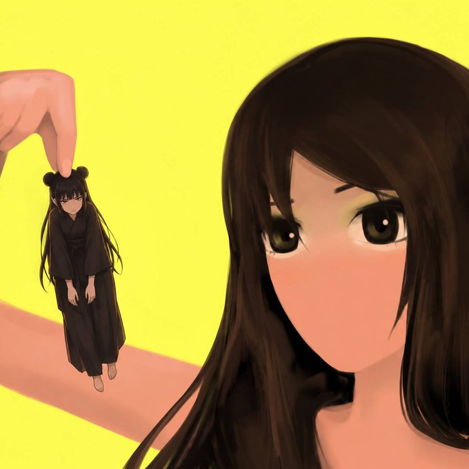 An anime-style illustration featuring a large close-up of a brown-haired female character on the right, with a smaller, doll-like version of the same character in a black robe being held by a giant hand against a yellow backdrop.