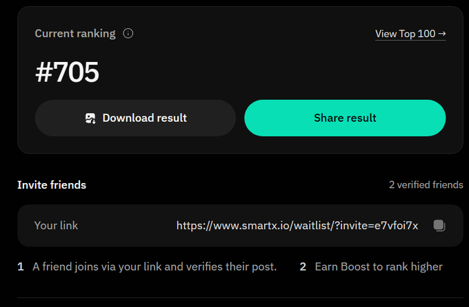 A dark-themed waitlist ranking screen showing "#705" with options to download or share the result, and an invitation link for smartx.io.