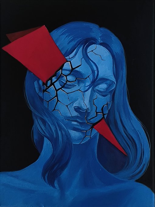 A surreal painting depicts a blue-toned female figure with cracked, fragmented facial features against a black background, accented by bold red geometric shapes.