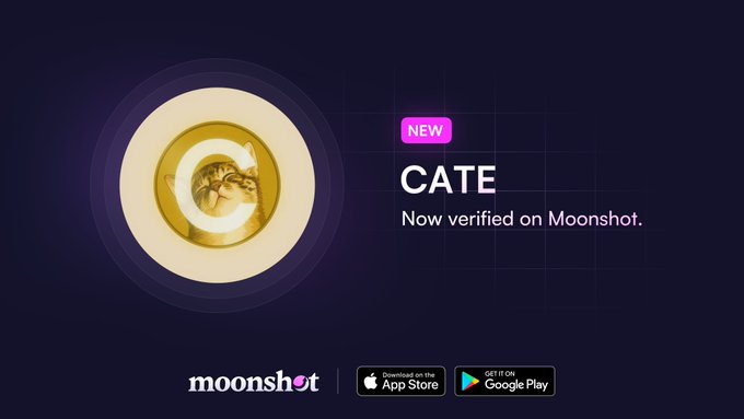 The image is a promotional graphic for the cryptocurrency token CATE, featuring a cat inside a gold coin logo with the text "NEW CATE - Now verified on Moonshot" alongside the Moonshot logo and App Store/Google Play download badges. It relates to the post's excitement about CATE being listed/verified on Moonshot, highlighting the platform's upcoming "ratio into a listing" milestone as an early-stage crypto launchpad.