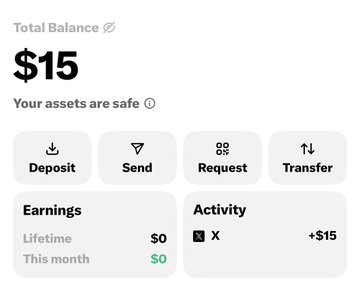 A digital wallet interface displaying a total balance of $15, with options to deposit, send, request, or transfer, and an activity log showing a +$15 transaction from X.