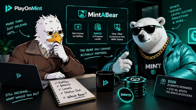 A promotional graphic for PlayOnMint and MintABear featuring an eagle and a bear character discussing NFTs, with text highlighting MNTD rewards and SPORTS/ESPORTS predictions.