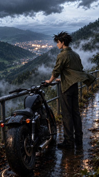 The image features a person standing next to a motorcycle with their back turned towards the camera. The background of the photo shows a cityscape with buildings and mountains under a cloudy sky, creating an atmosphere of mystery or intrigue. The caption for this image reads "Good night, The best builders rest so they can build harder tomorrow. Tonight I'M GRATEFUL FOR WHAT'S QUICKLY RUNNING IN THE BACKGROUND: @NomismaNetwork reimagining what a chain can be, @0G_labs laying the rails for AI that actually belongs to everyone, and @FIH_USD1 proving".