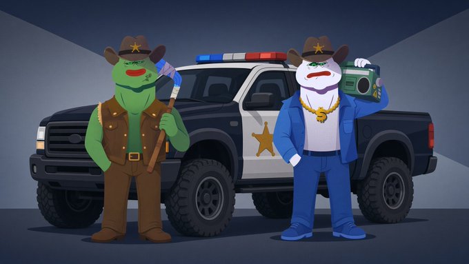 Two cartoon frog characters dressed as sheriff deputies stand in front of a police pickup truck with sirens; the green frog holds a bat, while the white frog wears a gold chain and holds a boombox.