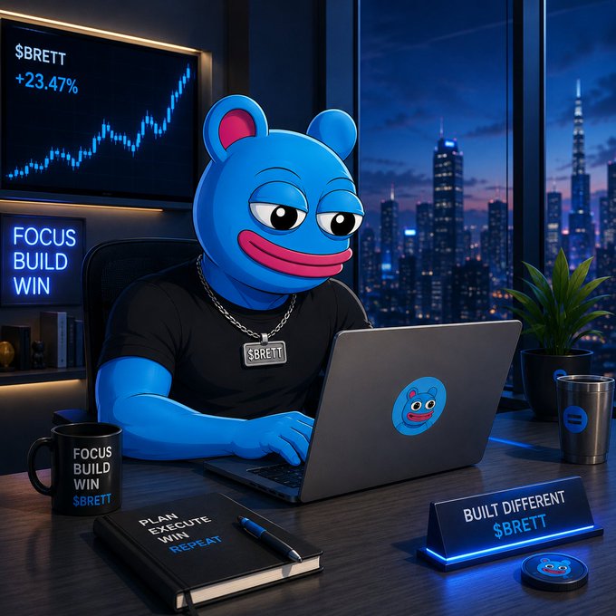 Digital artwork of a blue bear mascot wearing a '$BRETT' chain necklace, working on a laptop in a modern office with a city skyline view, a '$BRETT +23.47%' chart, and 'FOCUS BUILD WIN' neon sign.