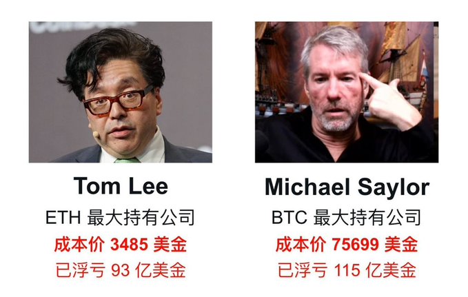 The image features two men's faces, one wearing glasses and the other a beard, both with Asian writing on them. The text "Tom Lee" and "Michael Saylor" are written above each person's head. The background of the image is white, which contrasts with the black text. The post also includes a red banner that reads "请选择你的抄底对象 以太坊的 Tom Lee 或比特币的 Michael Saylor".