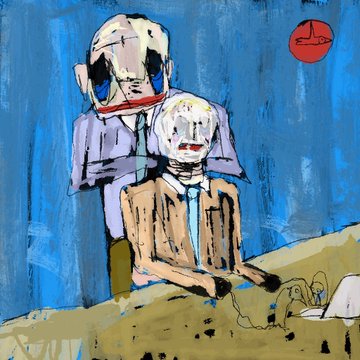 An expressionist painting of two pale, somber figures in suits at a desk against a blue background with a red circle in the corner.