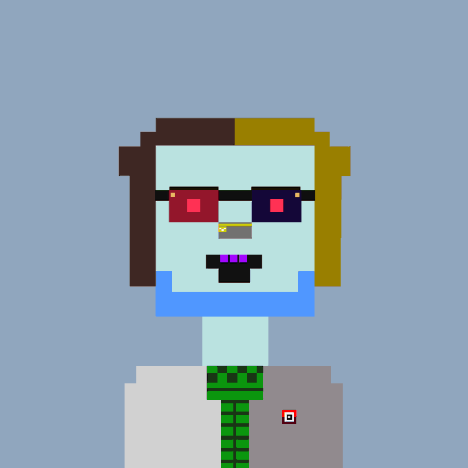 A pixel art character with split brown and blonde hair, wearing red glasses and a blue scarf, with green blocky details on their clothing against a gray background.