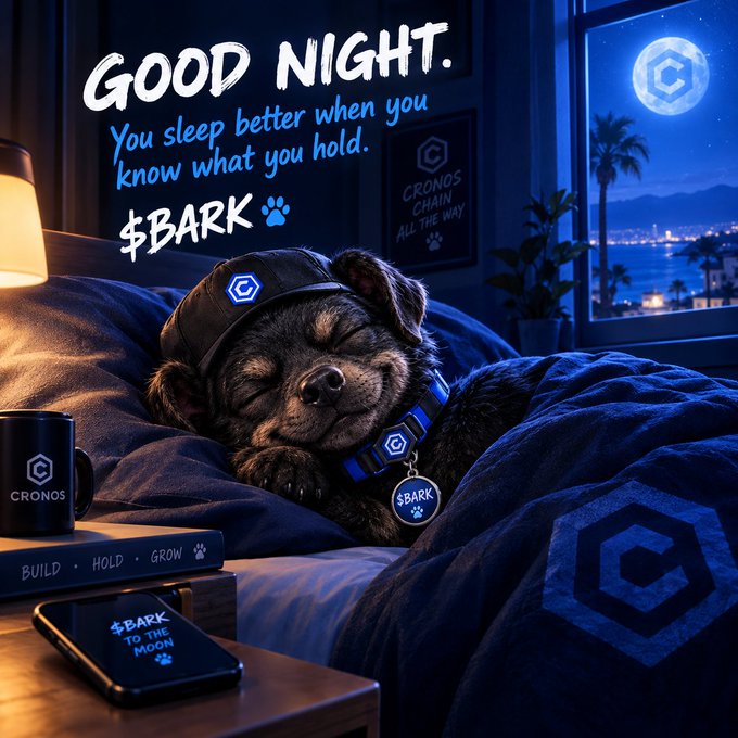 An advertisement graphic showing a sleeping dog wearing a hat and collar with $BARK tags, under the text 'GOOD NIGHT. You sleep better when you know what you hold.' alongside branded merchandise.