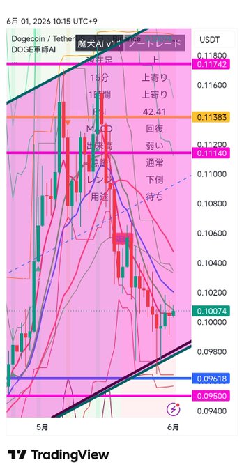 The image shows a chart displaying cryptocurrency prices for several different cryptocurrencies including Dogecoin (^^). The chart has a color scheme using pink, blue, green, red, yellow, orange, purple, white, light gray, and black. Each color represents a specific period of time or currency movement. The chart also includes labels in both Japanese and English to help understand the prices and movements better. One label reads "Dogecoin There are rumors that SpaceX is planning to list and start trading on June 12th, so while hoping that Elon Musk might talk about Dogecoin in line with that, I'm currently watching the price of Dogecoin". This implies that there's a significant interest in Dogecoin at this time and its value may be affected by these rumors.