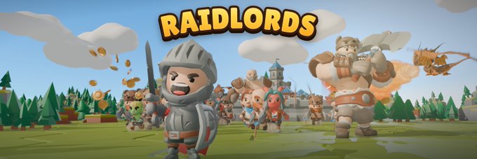 A colorful fantasy game banner features cartoon warriors, including an armored knight and a giant barbarian, marching toward a castle beneath the prominent title “RAIDLORDS.” The image supports the post’s announcement of RaidLords as a fresh Web3 fantasy game with an early waitlist.