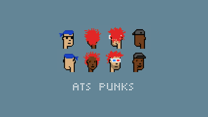A pixel art image displaying eight stylized 'ATS Punks' characters with colorful hair and headwear, with the text 'ATS PUNKS' below them on a gray-blue background.