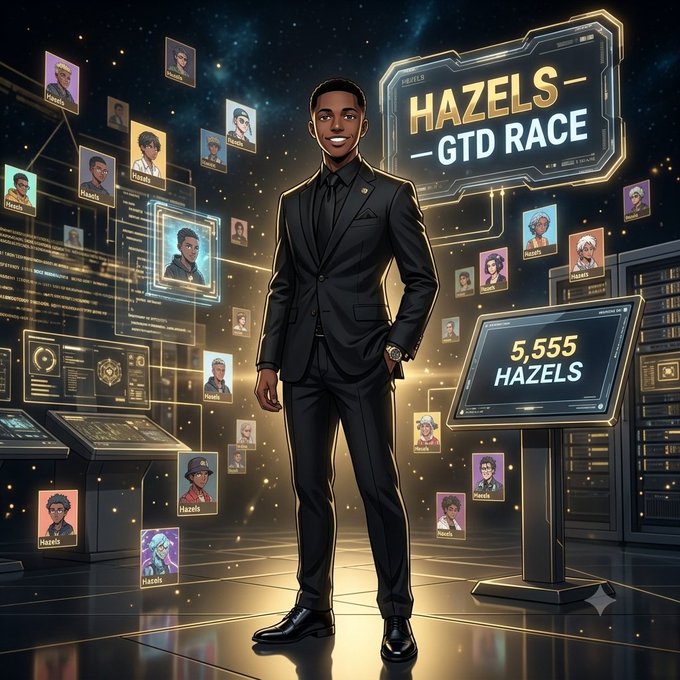 A digital illustration of a smiling young Black man in a black suit standing in a futuristic space-themed environment with floating holographic portraits labeled 'Hazels', a display showing '5,555 HAZELS', and a sign reading 'HAZELS GTD RACE'.