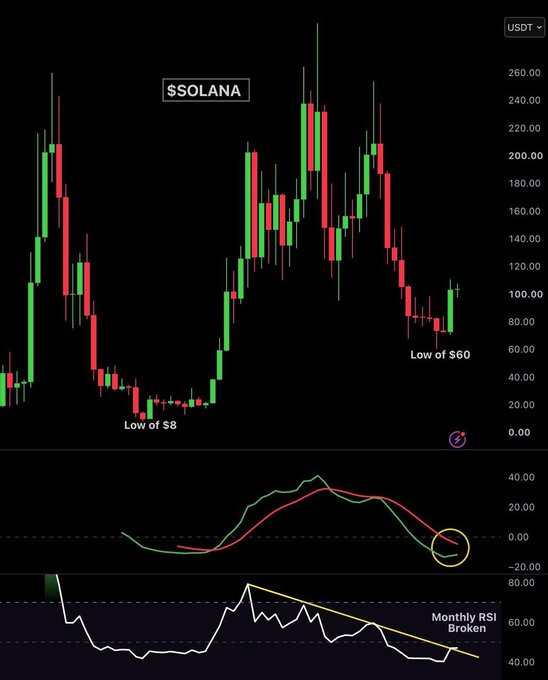 A candlestick chart of $SOLANA (SOL) against USDT showing price action with annotated lows of $8 and $60, paired with a MACD indicator showing a potential bullish crossover (circled) and a Monthly RSI chart highlighting a broken 2-year downtrend, all supporting the post's claim of an emerging bullish reversal.