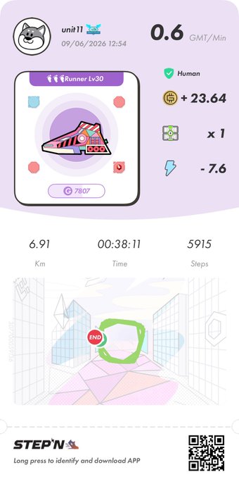 The image shows a step counter app with a purple background, displaying a pink and white logo for StepN. The app has a cartoon character design and features a map of a city with buildings and a green circle representing the starting point. The app also includes a timer and a progress bar showing how far along the route someone is in terms of distance traveled.