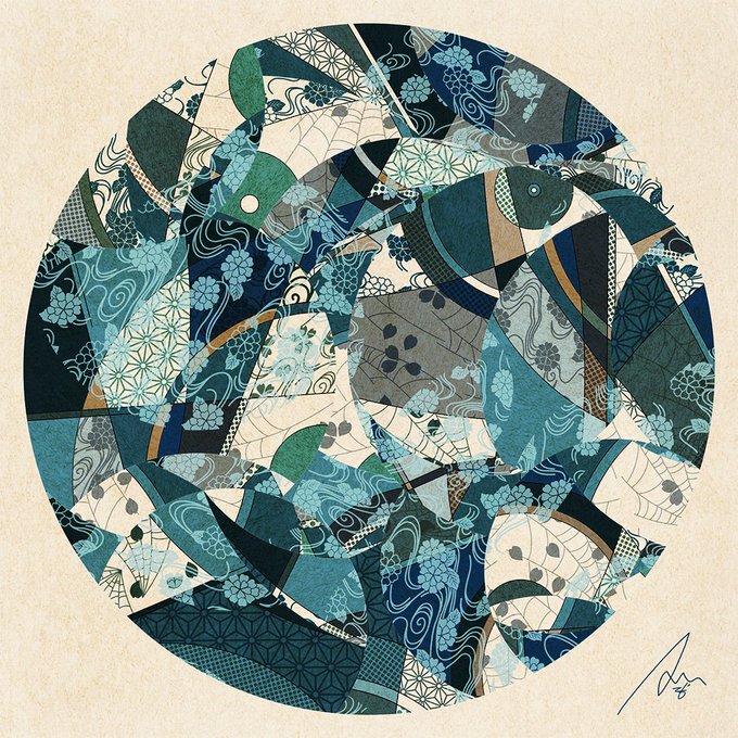An artistic circular collage composed of patterned blue, teal, and cream fabric or paper pieces featuring traditional Japanese motifs like waves, flowers, and geometric designs, with a signature in the bottom right corner.