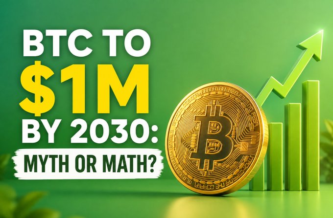 The image features a bold graphic with the text "BTC TO $1M BY 2030: MYTH OR MATH?" displayed alongside a large golden Bitcoin coin and an upward-trending green bar chart with an arrow, visually reinforcing the post's central question about whether Bitcoin reaching $1 million by 2030 is based on hype or mathematical reality. The imagery of the rising chart and prominent Bitcoin symbol aligns with the poster's analysis of Bitcoin's historical 4-year cycle patterns and the various high-profile figures (Dorsey, Saylor, CZ, Cathie Wood) making this bold price prediction.