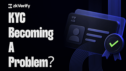 A promotional graphic for zkVerify titled 'KYC Becoming A Problem?' features an illustration of an ID card with a green checkmark.