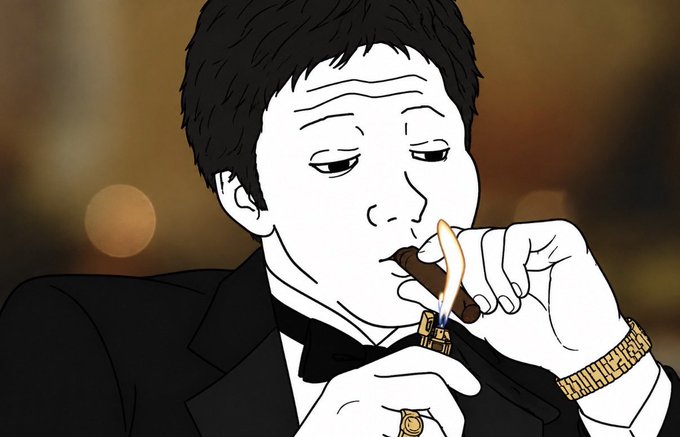 A stylized illustration of a man in a black tuxedo lighting a cigar, wearing a gold watch and rings, set against a blurred background.