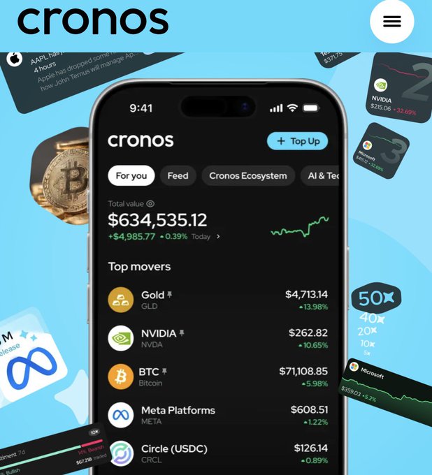 The image features a cell phone displaying information about trading options related to Cronos. The screen shows various cryptocurrencies, along with their current prices and volumes. In addition, there are several icons scattered around the display representing different cryptocurrency exchanges or apps. The bottom of the image says that an upcoming App called "@CronosApp" will allow users to trade anything in 1 place and pay a flat fee for trading activities within the Cronos Chain. It also mentions that fees for trading within this system can be quite expensive, but predicting, leveraging, or doing any activity on one app should result in gains of at least $6541.12. The image is likely part of an advertisement promoting the Cronos App.