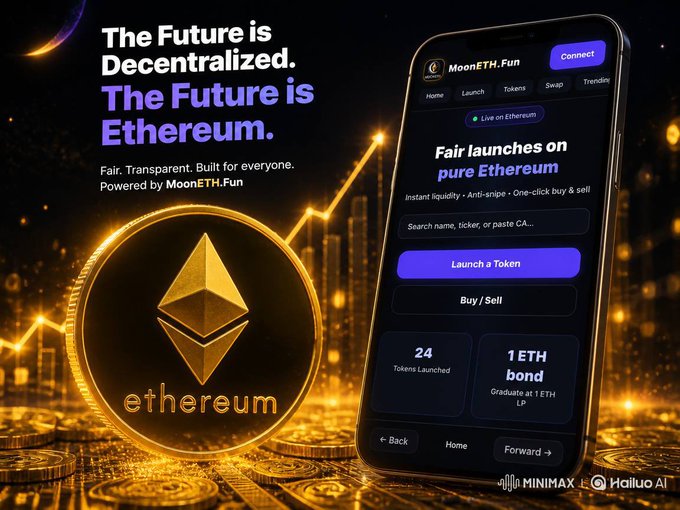 A promotional graphic for MoonETH.Fun featuring a large gold Ethereum coin and a smartphone displaying the app, with text stating 'The Future is Decentralized. The Future is Ethereum.'