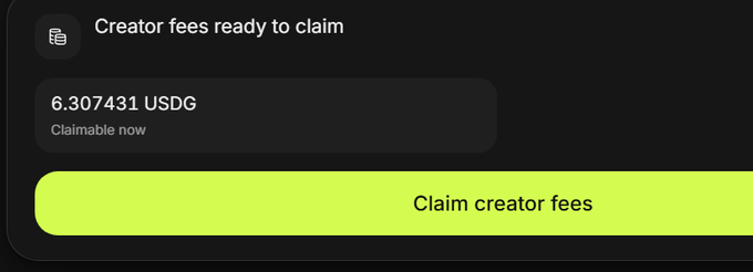 A dark interface screen displays 'Creator fees ready to claim' showing a balance of '6.307431 USDG' above a bright green 'Claim creator fees' button.