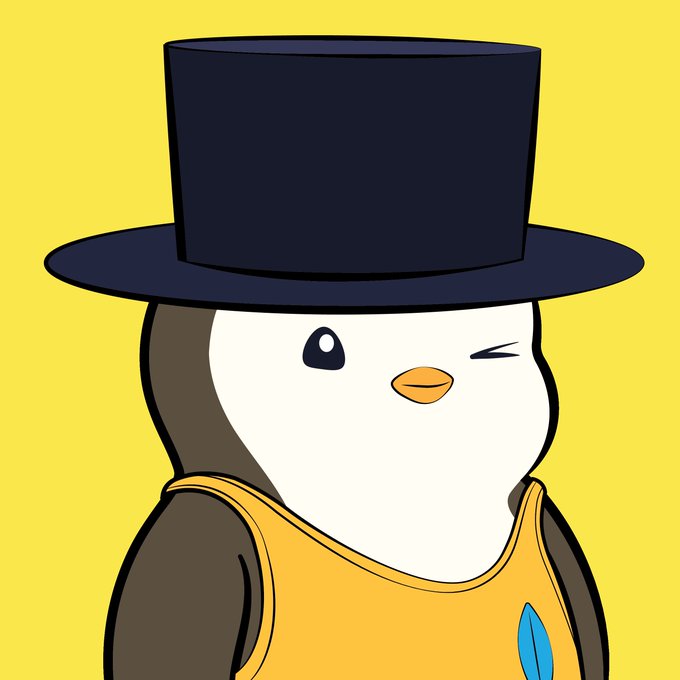 A simple cartoon illustration of a penguin wearing a black top hat and a yellow tank top, winking one eye against a yellow background.
