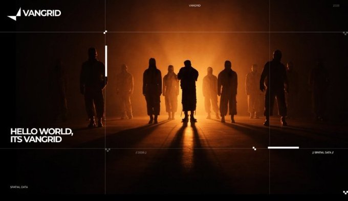 A dark, atmospheric promotional image for 'VANGRID' featuring silhouetted figures holding lights, with the text 'HELLO WORLD, ITS VANGRID'.