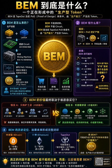 Chinese-language infographic titled 'BEM 到底是什么?' explaining that BEM is a token generated through production capacity within the TapeOut PoD system, detailing its sources (production, NAND, LATCH, circuits, mining machines) and comparing its value based on internal buybacks versus external demand.