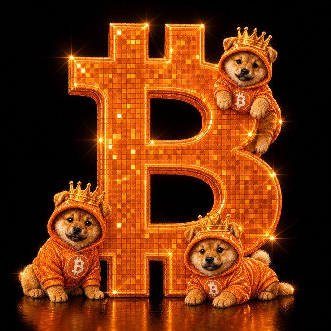 AI-generated image featuring three Shiba Inu dogs wearing orange Bitcoin-logo hoodies and gold crowns, posed around a large glittering orange Bitcoin 'B' symbol against a black background.