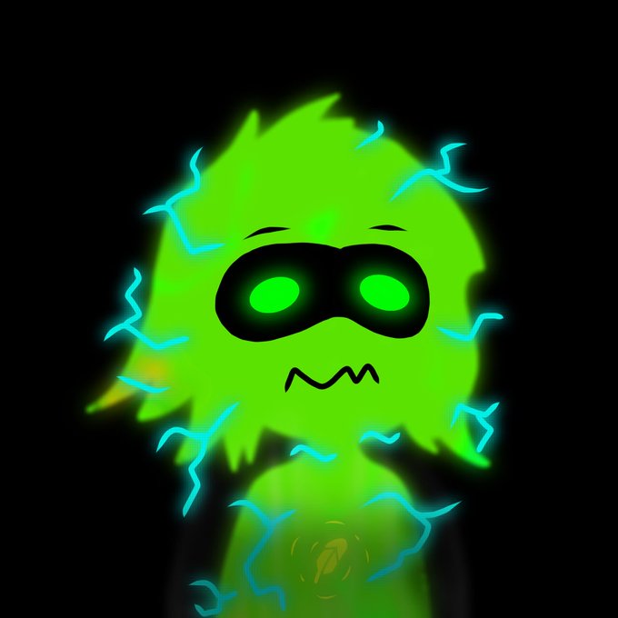 A glowing neon green cartoon character wearing a black domino mask, surrounded by blue electric sparks against a black background, depicting a power surge or electric shock.