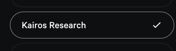This image shows a selection option for "Kairos Research" with a checkmark, indicating their candidacy for Ethena's Risk Committee, where they are seeking a third term.