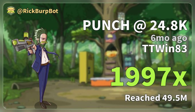 A graphic for @RickBurpBot showing the cartoon character Rick Sanchez holding a gun, with text reading 'PUNCH @ 24.8K 6mo ago TTWin83 1997x Reached 49.5M'.