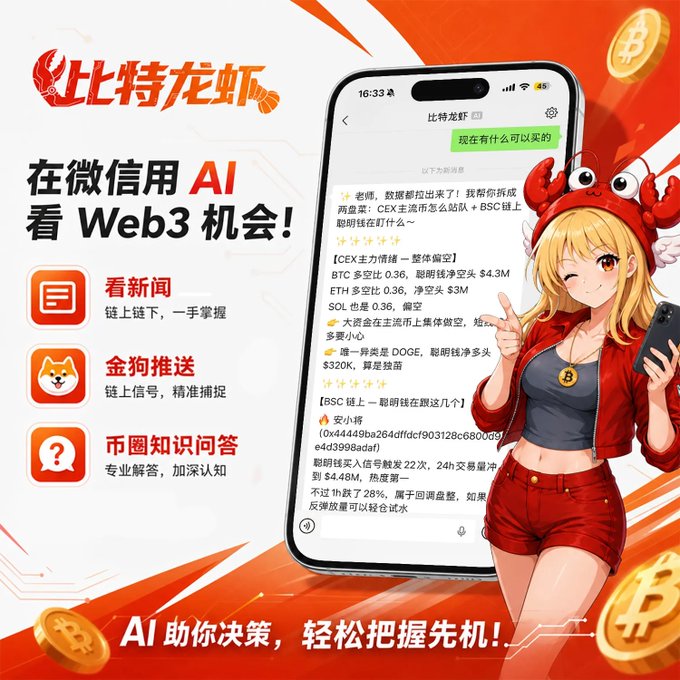The image features a cell phone with an advertisement for a cryptocurrency exchange, specifically Bitcoin. The advertisement includes a cartoon character wearing a red hat and holding a cellphone, which is prominently displayed against a white background. The text on the screen of the cell phone reads "AI Web3", indicating that it's promoting an AI-based cryptocurrency exchange platform.