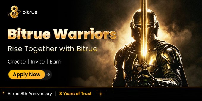 Bitrue is promoting its 8th anniversary "Warriors" program with a bold ad featuring an armored warrior holding a glowing sword, inviting creators and community builders to apply via an "Apply Now" button. The campaign aligns with Bitrue's call to action for participants to join their creator-driven initiative and earn rewards.