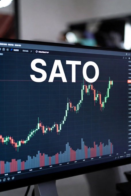 The image features a computer screen with a graph of stock market trends displayed on it. The title "Sato" can be seen written below a chart of prices. The chart shows the rise and fall of stock values, indicating changes in the cryptocurrency market. In addition to the data shown, there are also mentions of Ethereum (0x829f4b62eebe12af653b4dd4ffc480966f7d7f09) and Binance exchange wallet listings for this sector. The post also highlights the success of Bitcoin, with its price rising 30%. Who knows how many got shaken out in the fluctuations?