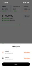 The screenshot shows a Robinhood trading app interface displaying a $1,000 balance with two accounts: "Agents" showing $500.89 (up $351.64) and "Traditional IRA" showing $500.63 (up $350.55), both at 5.67% APR. An agent management panel below shows "Shield" and "chef37" agents, both marked "Disabled," illustrating the post's description of an agentic trading setup powered by Hermes Agent and GPT-5.6 Sol.