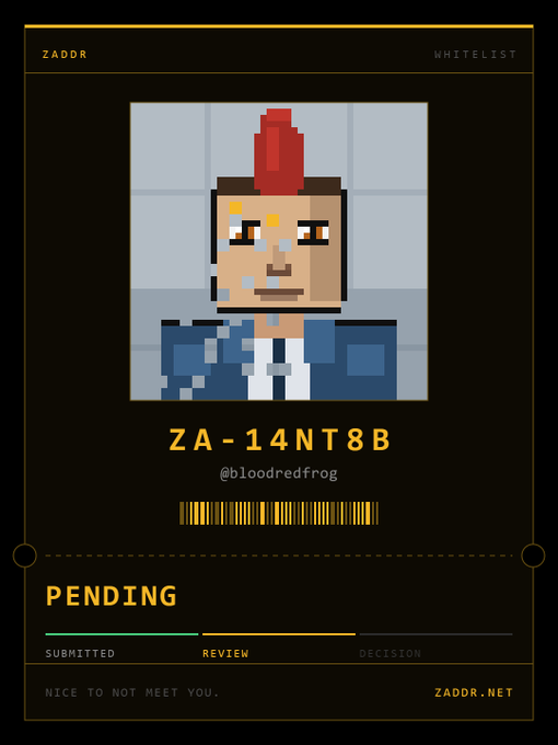 A digital ID card from ZADOR featuring a pixel-art portrait of a character with a red mohawk, ID 'ZA-14NT8B', username '@bloodredfrog', and a 'PENDING' status with progress bar at 'REVIEW'.