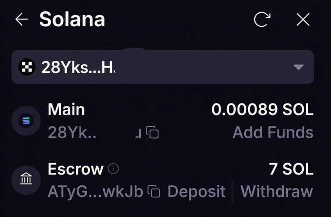 A Phantom wallet interface displays a Solana account showing a Main balance of 0.00089 SOL and an Escrow balance of 7 SOL, with options to Add Funds, Deposit, or Withdraw.