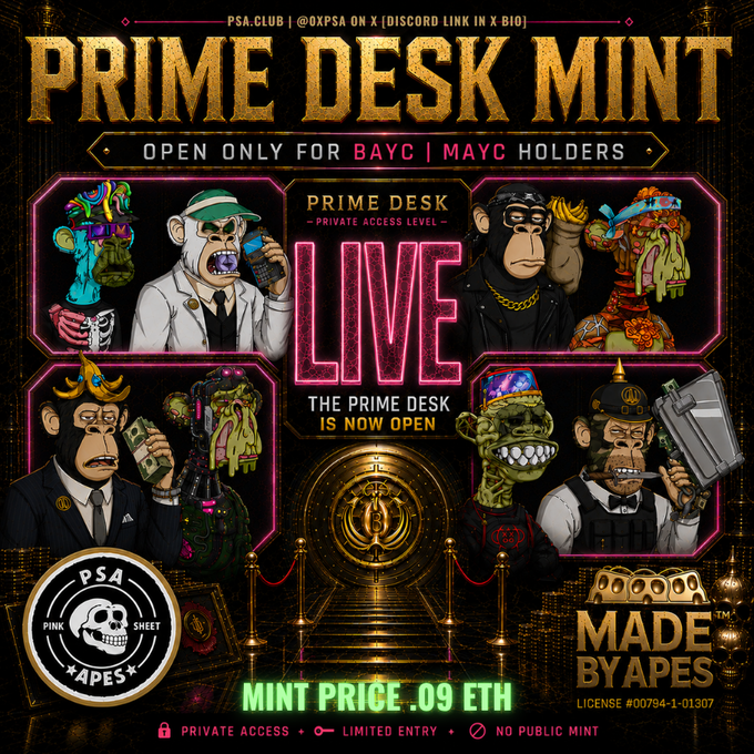 A colorful promotional graphic for 'PRIME DESK MINT' NFT collection featuring cartoon-style ape characters, advertising a private mint priced at 0.09 ETH exclusively for BAYC/MAYC holders, with 'PINK SHEET APES' and 'MADE BY APES' branding.