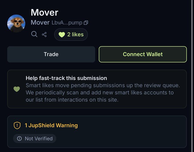 A cryptocurrency trading interface for a token named 'Mover' with the ticker 'LbvA...pump', showing options to 'Trade' or 'Connect Wallet' and a '1 JupShield Warning' indicating it is 'Not Verified'.