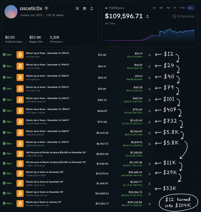 The image features a webpage with many small numbers, possibly representing stock prices or transactions. The main focus of the post is Bitcoin, as indicated by the title "Polymarket.com/zh/@ascetic0x?". A note at the bottom of the image reads "12 turned into 100k", suggesting that the viewer has made a purchase using Bitcoin and has now been notified that it was a successful transaction.