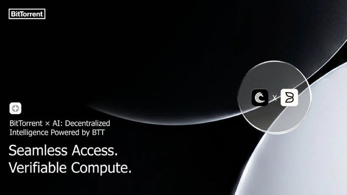 The image shows a BitTorrent promotional graphic featuring the BitTorrent logo and icons representing a partnership with "x" and "Bl" (likely BitTorrent X AI) against a dark, cosmic-themed background. The tagline "Seamless Access. Verifiable Compute." appears alongside the header "BitTorrent × AI: Decentralized Intelligence Powered by BTT," visually reinforcing the post's message about leveraging decentralized, peer-to-peer infrastructure as a cost-effective alternative to traditional cloud computing for AI product teams.