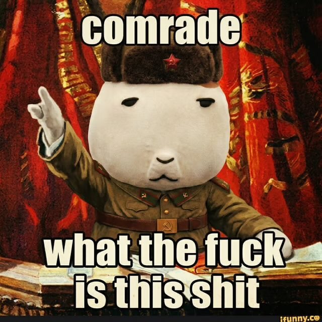 A stern Soviet military plush bear in an ushanka and uniform points accusingly against a red propaganda backdrop, captioned "COMRADE / what the fuck is this shit" in classic meme style, mirroring the post's urgent tone urging buyers to act now on the historic entry into KET before they regret it.