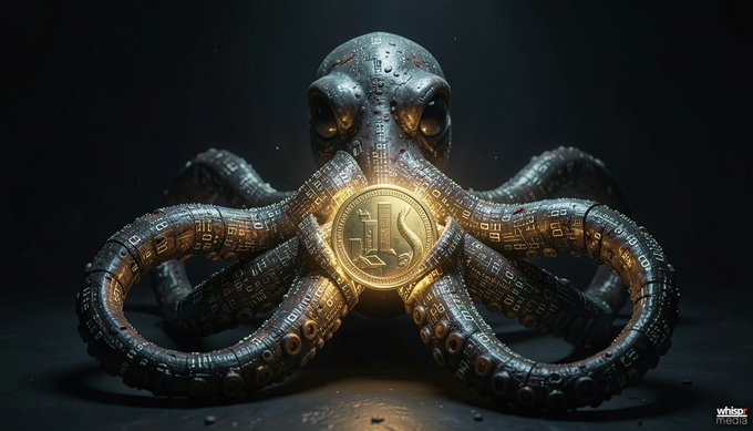 The image features a large, metallic octopus with its tentacles spread out, holding a gold coin between its two front tentacles. The coin appears to be made of metal or has some sort of shiny appearance. The background of the image is dark, which contrasts with the bright and eye-catching gold coin held by the octopus. The post also mentions that there are 11 agents controlling the trading volume in the Volumen de trading platform called Solana.