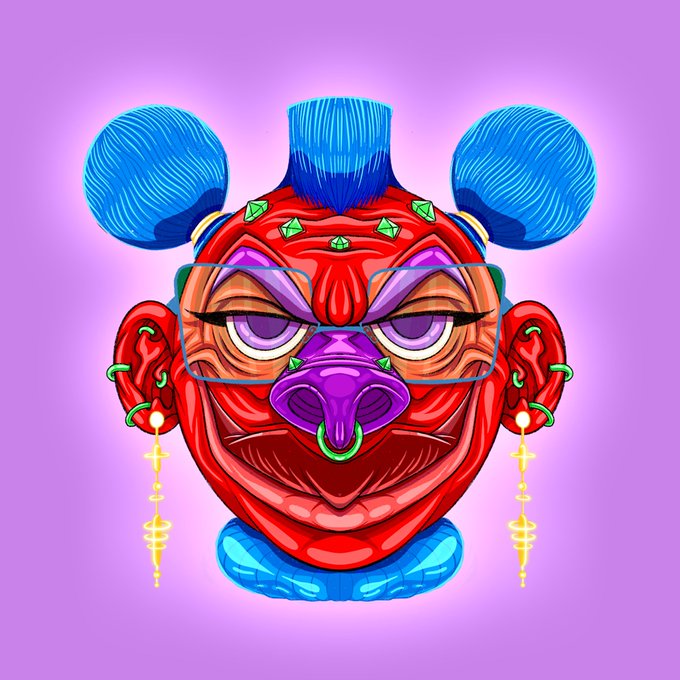 A vibrant digital illustration of a red and purple mask-like face with blue spherical ears, gold earrings, and green gems on a purple background.