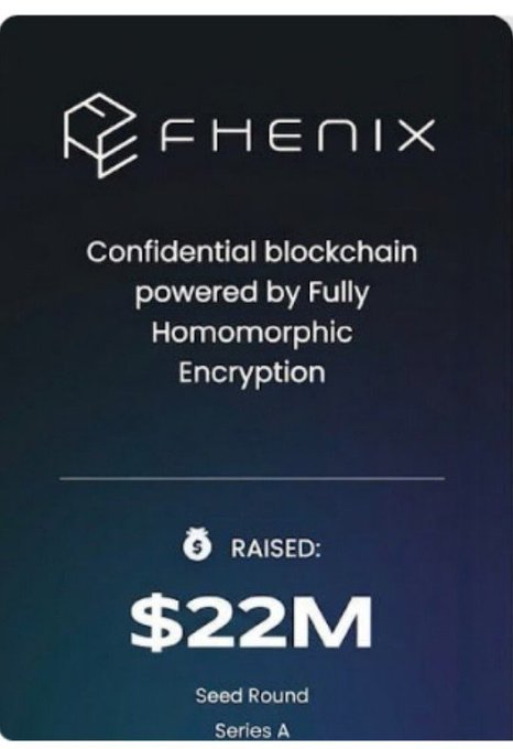 A Fhenix promotional graphic stating 'Confidential blockchain powered by Fully Homomorphic Encryption' with $22M raised in Seed Round and Series A funding.