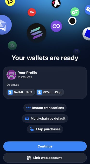 A mobile app screen displays "Your wallets are ready" with a profile showing 2 OpenSea wallets (addresses starting with 0xdb8...f9c2 and 6E5ip...J3cp), highlighting features like instant transactions, multi-chain by default, and 1 tap purchases, with Continue and Link web account buttons—showcasing the wallet setup process welcoming new users to OpenSea Mobile.