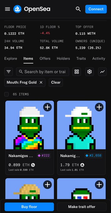 An OpenSea NFT collection page filtered by 'Mouth: Frog Gold', showing pixel-art frog characters with a floor price of 0.1222 ETH and items priced around 0.899 ETH to 1.79 ETH.